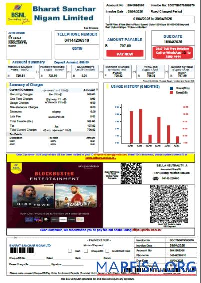 Printable India Bharat Sanchar Nigam Limited utility bill template in Word and PDF formats, version 4